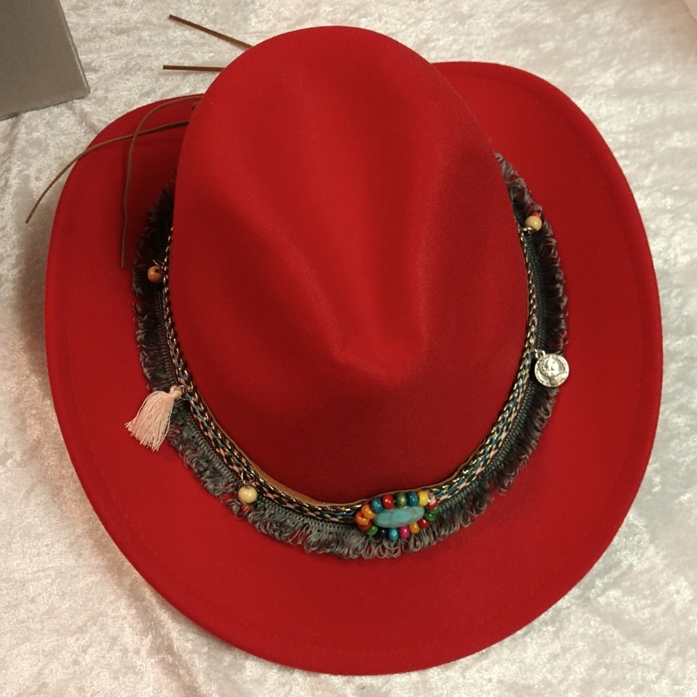 Western Southern Red Cowboy Hat Turquoise Tassels Pendants Fringe Accent Boho - Picture 16 of 17